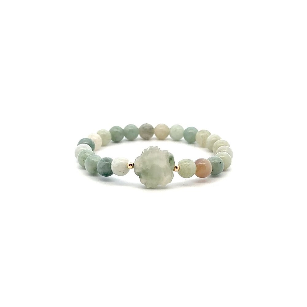 Natural Burmese Jade Gemstones Stretch Bracelet and Carved Flower Jade 18k Beads
